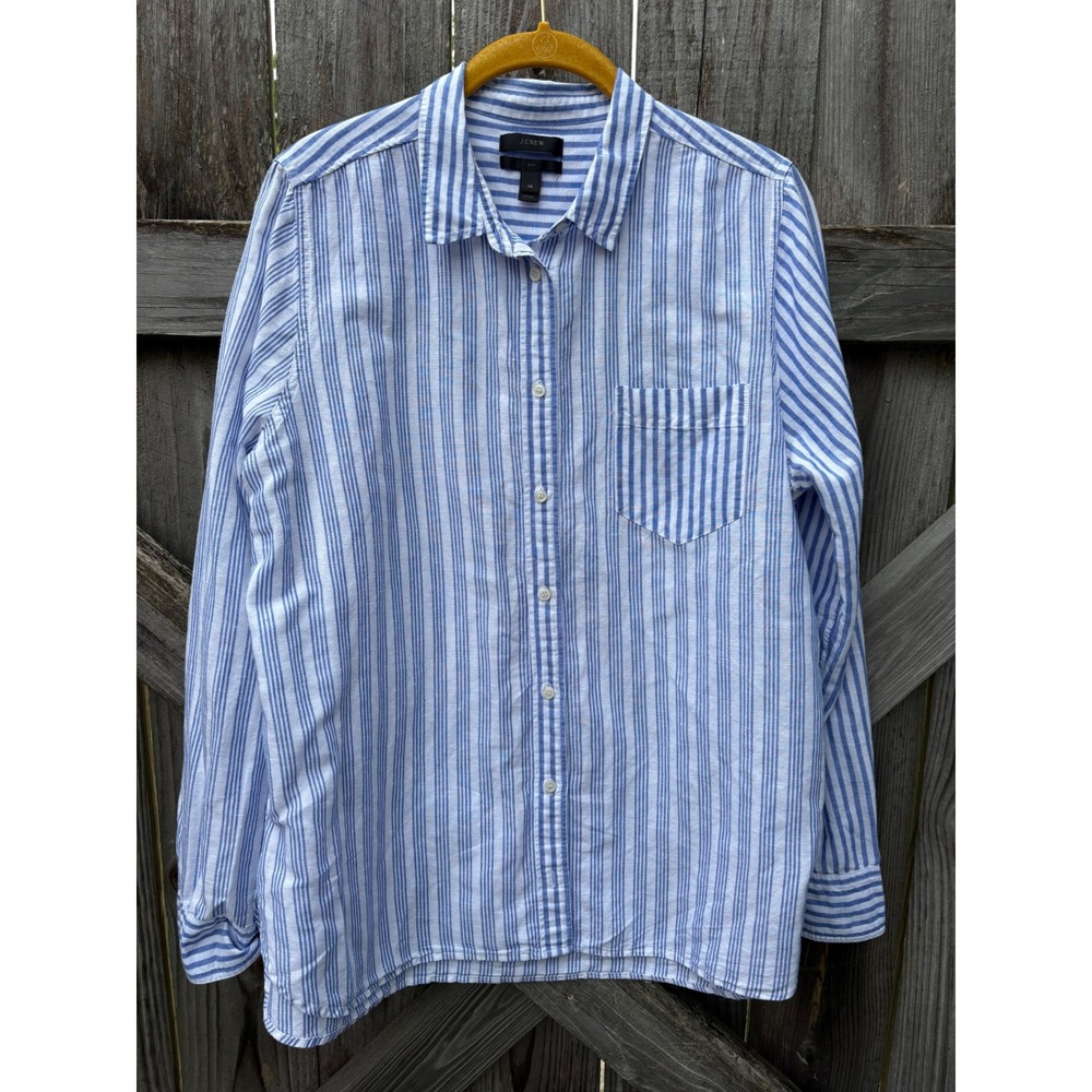 J.Crew Boy Fit Striped Linen Cotton Button Down Shirt Blue White J2638 Size 14